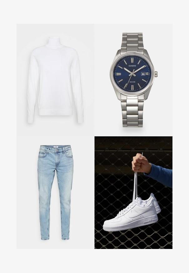 Balts augstais apkakles džemperis ar garām piedurknēm, izgatavots no gludas auduma. Ievērojama pieguļošā forma un ribota apkakle un apakšmala. Nav nekādu rakstu vai akcentu.; Gai zilu džinsi ar taisnu piegriezumu, piecām kabatām un nedaudz nodilušu apdari. Iespējo klasisku rāvējslēdzēju un jostu cilpas.; Baltas ādas sporta apavi ar perforācijām, apaļu purngali, plakanu zoli un biezām šņorēm, ar redzamu swoosh logo un vārdu "AIR" uz papēža.; Sudraba nerūsējošā tērauda rokas pulkstenis ar tumši zilu ciparnīcu, metalizētiem stundu rādītājiem un datuma logu pie pulksten 3. Ūdensizturīgs līdz 50 metriem.