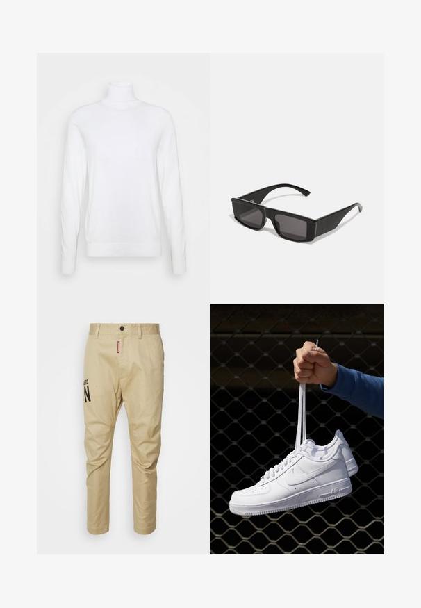 Hvid turtleneck sweater med lange ærmer, lavet af glat stof. Har et tætsiddende design og ribbede manchetter og kant. Ingen mønstre eller accenter.; Beige bomuldsbukser med lige ben, foran knaplukning og et trykt sort "N" logo på venstre ben.; Hvide lædersneakers med perforeringer, rund tå, flad sål og tykke snørebånd, med et synligt swoosh-logo og "AIR" på hælen.; Sorte solbriller med rektangulære rammer og mørke linser. Fremstillet af blank plast, med en kantet design og slanke stænger.