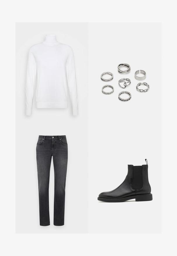 Weißer Rollkragenpullover mit langen Ärmeln, aus glattem Stoff gefertigt. Verfügt über eine taillierte Passform sowie gerippte Bündchen und Saum. Keine Muster oder Akzente.; Graue Jeans aus Denim mit klassischem geradem Bein, ausgestattet mit vorderen Taschen, einem Reißverschluss und einem kleinen Markenlabel über der rechten Tasche.; Schwarze Leder-Ankle-Boots mit glatter Textur, elastischen Seitenpaneelen und einer Zuglasche. Runde Zehenpartie und flache Gummisohle mit minimalem Profil.; Set aus sieben silbernen Ringen mit verschiedenen Designs, einschließlich verdrehter, verbundener und gravierter Muster. Unterschiedliche Formen und Breiten.