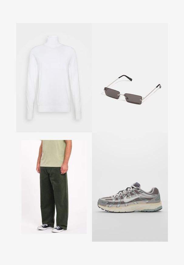Weißer Rollkragenpullover mit langen Ärmeln, aus glattem Stoff gefertigt. Verfügt über eine taillierte Passform sowie gerippte Bündchen und Saum. Keine Muster oder Akzente.; Grüne Cord-Hosen mit weitem Bein und weicher Textur. Getragen mit einem hellgrünen Hemd und Schwarz-Weiß-Sneakers. Einfaches, praktisches Design.; Grauer Sportschuh mit einem Obermaterial aus Mesh und Wildleder, weißen Akzenten, einer gepolsterten Sohle und einem charakteristischen Design mit reflektierenden Elementen.; Sonnenbrille mit rechteckigen, dunkelgrauen Gläsern, silbernen Metallrahmen und schwarzen Kunststoffenden an den Bügeln. Leichtes Design mit Nasenpads.