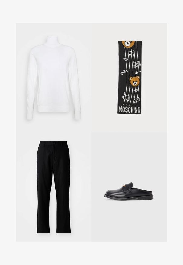 Bijela turtleneck majica dugih rukava, izrađena od glatkog materijala. Ima elegantan kroj s rebrastim manžetama i donjim rubom. Bez uzoraka ili dodataka.; Crne lanene hlače ravnog kroja, s kopčanjem na dugme i bez vidljivih uzoraka, glatke teksture i standardnim džepovima.; Crna kožna slip-on cipela s zaobljenim vrhom, niskom potpeticom i pletenim detaljem na gornjem dijelu. Karakterizira je minimalistički stil i glatka tekstura.; Crni pleteni šal s dva smeša medvjedja lica, muzičkim notama i bijelim "MOSCHINO" natpisom na dnu. Mekana tekstura s detaljnim dizajnom.