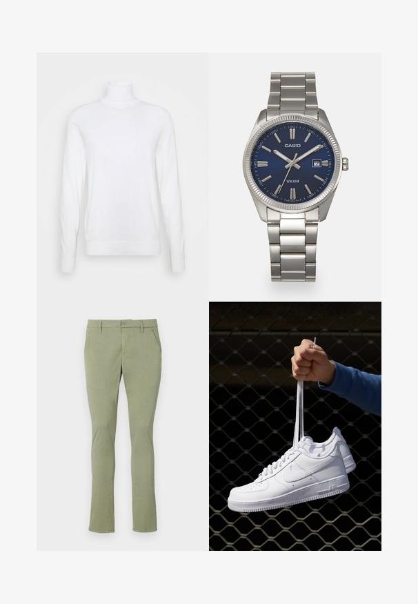 Valge kõrge kaelusega kampsun pikkade varrukatega, valmistatud siledast kangast. Omab sobivat lõiget ning üldiselt ribaroheline varrukate ja küljepidi. Ei sisalda mustreid ega aktsente.; Heled roheline chino-püksid, millel on kitsas lõige ja pehme kangas. Omavad lamedat esiosa, kahte külgtaskut ja klassikalist vööd, ilma dekoratsioonideta.; Valged nahast tennisetossud, millel on perforatsioonid, ümar nina, lame tallus ja paksud nöörid, nähtava swooshi logoga ja "AIR" kontsadel.; Hõbedane roostevabast terasest käekell, tumesinise lõpliku, metallsete tuntud numbrite ja kuupäevanäidikuga kell 3 juures. Veekindel kuni 50 meetrit.