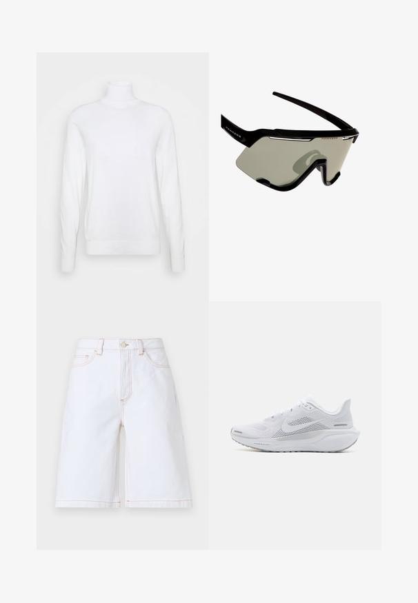 Balta golfas su ilgomis rankovėmis, pagamintas iš glotnaus audinio. Pasižymi prigludusia forma, raukšlėtais rankogaliais ir apatine dalimi. Be raštų ar akcentų.; Balti džinsiniai šortai su tiesiu pjūviu, penkiomis kišenėmis ir kontrastine smėlio spalvos siuvinėjimu. Su priekine saga ir užtrauktuku.; Balti sportiniai batai su orui pralaidžia viršutine dalimi, lygaus tekstūros apdaila, pilkais akcentais, raišteliais ir paminkštintu padu, skirtu našumui užtikrinti.; Juodos sportinės akiniai nuo saulės su apvalintu dizainu, turintys didelius pilkus lęšius ir tvirtą rėmą su baltais akcentais ir logotipu.