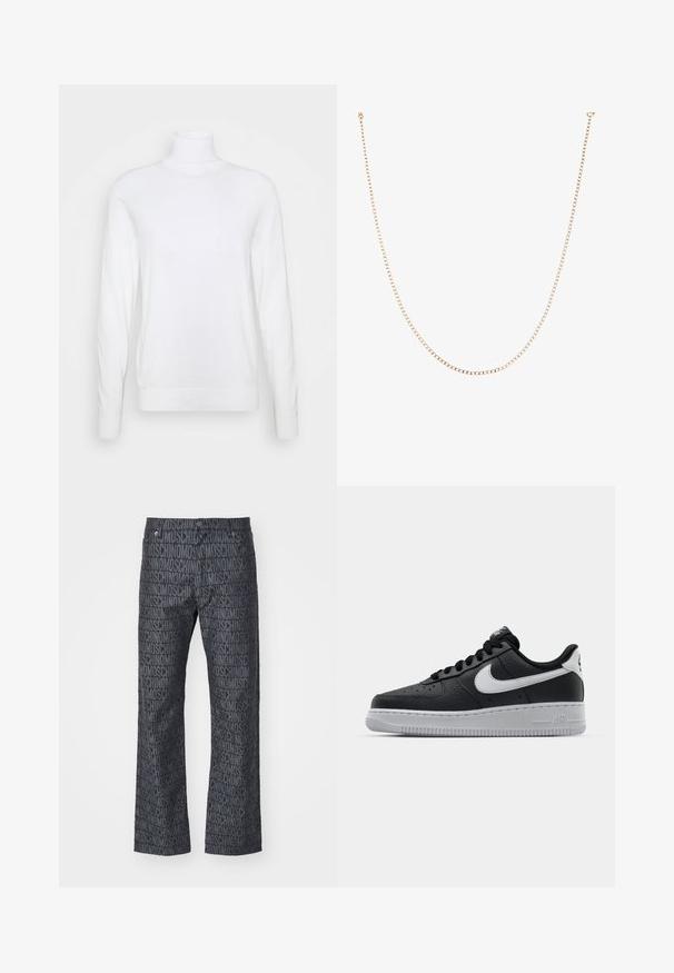 Balts augstais apkakles džemperis ar garām piedurknēm, izgatavots no gludas auduma. Ievērojama pieguļošā forma un ribota apkakle un apakšmala. Nav nekādu rakstu vai akcentu.; MOSCHINO PANTALONE - Džinsi ar taisnām starām - fantasia nero; Melna ādas sporta apavi ar teksturētu virsmu, balta Nike swoosh zīme, pelēks zole, apaļa pirksta daļa un saistējs dizains. Iekļautas perforācijas uz pirksta kastes.; Zeltīta metāla ķēdes kaklarota, kas sastāv no mazām apaļām saitēm, ar gludu, spīdīgu apdari un standarta aizdari.