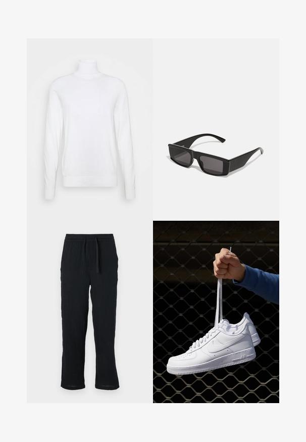 Weißer Rollkragenpullover mit langen Ärmeln, aus glattem Stoff gefertigt. Verfügt über eine taillierte Passform sowie gerippte Bündchen und Saum. Keine Muster oder Akzente.; Schwarze, leichte Hose mit elastischem Bund, in entspannter Passform und strukturierter Oberfläche. Gerade Beine mit leicht zulaufendem Saum.; Weiße Leder-Sneaker mit Perforationen, runder Zehenpartie, flacher Sohle und dicken Schnürsenkeln, mit sichtbar eingesticktem Swoosh-Logo und "AIR" an der Ferse.; Schwarze Sonnenbrille mit rechteckigem Rahmen und dunklen Gläsern. Aus glänzendem Kunststoff gefertigt, zeichnet sich durch ein kantiges Design und schlanke Bügel aus.