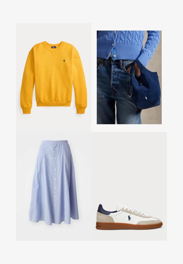 Hanorac galben cu manșete și tiv nervurate, design cu guler rotund și un mic logo albastru pe piept. Confecționat dintr-un material moale de bumbac.; Fustă cu dungi, cu nasturi, de culoare bleu deschis și alb. Materialul pare ușor și are o textură netedă; are lungime până la genunchi, cu un design evazat.; Tenisi albi și bej cu un superior din suede și piele, accente navy și o talpă din cauciuc maro. Prezintă logo pe lateral și un design cu șireturi.; Geantă de mână din piele întoarsă bleumarin cu textură moale, două mânere și o etichetă mică atașată. Are un logo alb pe partea din față și o bază rotunjită.