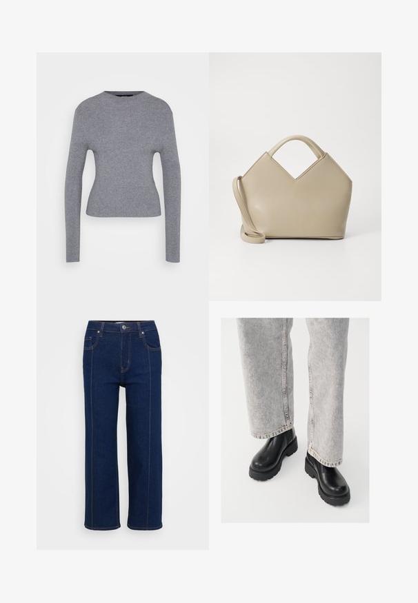 Szary, prążkowany sweter z długim rękawem, okrągłym dekoltem i dopasowanym krojem, prezentowany na białym tle.; Ciemnoniebieskie dżinsy o prostym kroju z zapięciem na guzik, przednimi i tylnymi kieszeniami oraz widocznym pomarańczowym nicią wzdłuż szwów.; Vagabond - Botki na platformie; Beżowa torebka o wyraźnej strukturze z wklęsłym górnym brzegiem, wykonana z gładkiej skóry, z krótkimi uchwytami oraz długim regulowanym paskiem. Minimalistyczny design.; Złota metalowa bransoletka o płynnej, zakrzywionej formie. Ma mały, wyraźny, srebrny akcent na jednym końcu.