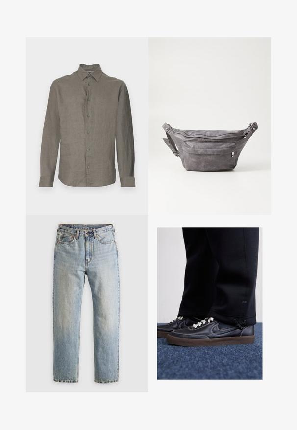 Suéter de punto beige de manga larga con cuello redondo y pequeño logotipo bordado en marrón en el lado izquierdo del pecho, exhibido sobre un fondo liso.; Camisa de manga larga gris claro hecha de lino, con un frente abotonado, cuello y puños. Textura suave con un sutil patrón de tejido.; Jeans de mezclilla azul claro de cintura alta, con botón frontal, cremallera y diseño de cinco bolsillos, dispuestos sobre un fondo neutro.; Nike Sportswear KILLSHOT 2 LTR PRM OPP2 - Zapatillas - black sail baroque brown mtlc dk grey; Riñonera de ante gris con forma redondeada, dos compartimentos con cremallera y correa ajustable. Presenta acentos de metal.