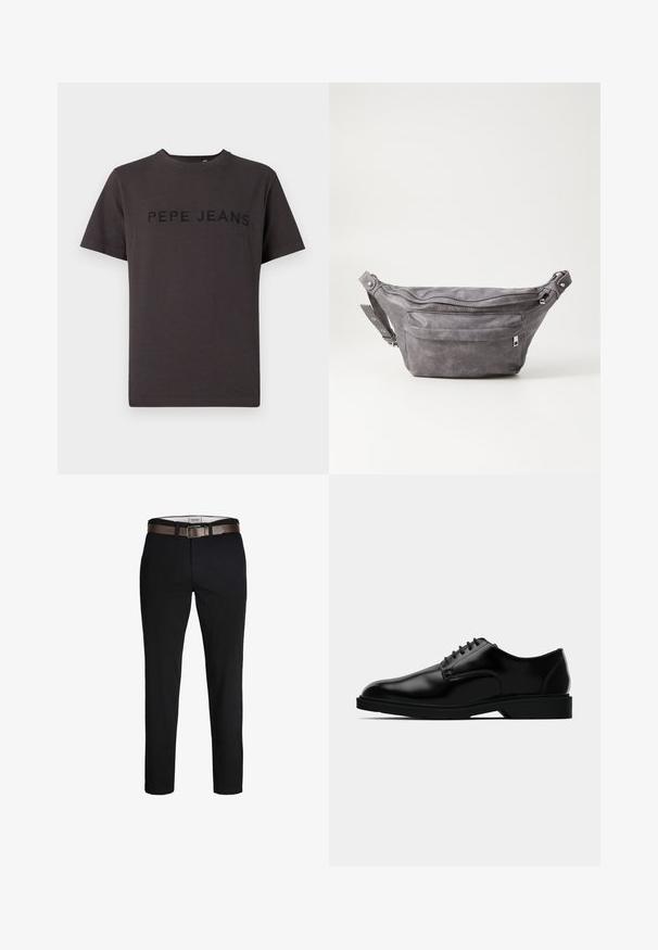 Beige long-sleeve knit sweater with crew neck and small brown embroidered logo on left chest, displayed on a plain background.; Dark gray t-shirt made of cotton, featuring short sleeves and a crew neckline. "PEPE JEANS" is embossed in black on the front.; Black cotton trousers with a straight fit, featuring a brown leather belt and a smooth texture. Simple design, no visible patterns or accents.; Black leather dress shoe with a smooth finish, rounded toe, lace-up design, and understated rubber sole for traction.; Gray suede fanny pack with a rounded shape, two zippered compartments, and adjustable strap. Features metal hardware accents.