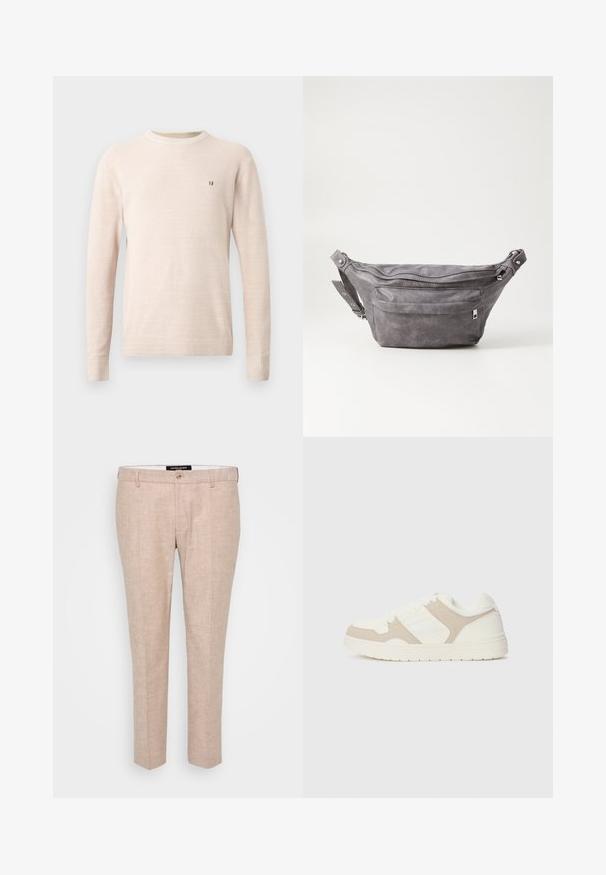 Beżowy sweter robiony na szydełku z długim rękawem, okrągłym dekoltem i małym brązowym haftowanym logo po lewej stronie klatki piersiowej, prezentowany na jednolitym tle.; Jasno-beżowe spodnie wykonane z mieszanki lnu, z gładkim przodem, paskami do pasa i pojedynczym zapięciem na guzik. Prosty krój nogawek.; Białe i beżowe sneakersy z połączeniem gładkich i zamszowych faktur, okrągłym noskiem, sznurowanym zapięciem oraz płaską gumową podeszwą.; Szara zamszowa saszetka biodrowa o zaokrąglonym kształcie, z dwoma zasuwanymi komorami i regulowanym paskiem. Wyróżnia się metalowymi akcentami.