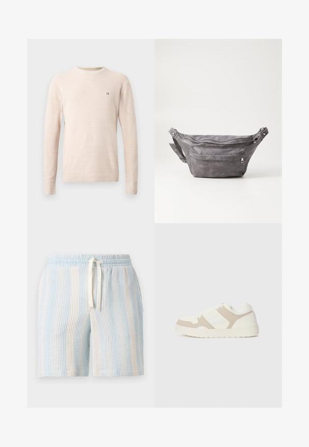 Pull en tricot beige à manches longues avec col rond et petit logo brodé marron sur la poitrine gauche, présenté sur un fond uni.; Shorts légers et texturés avec un motif rayé bleu et blanc. Dotés d'une taille élastique et d'un cordon de serrage.; Baskets blanches et beiges présentant une combinaison de textures lisses et en daim, un bout rond, un système de laçage et une semelle en caoutchouc plate.; Sac banane en suède gris avec une forme arrondie, deux compartiments zippés et une sangle réglable. Comprend des accents en métal.