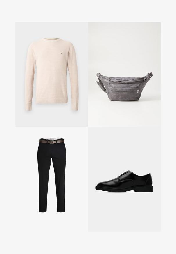 Pull en tricot beige à manches longues avec col rond et petit logo brodé marron sur la poitrine gauche, présenté sur un fond uni.; Pantalon en coton noir avec une coupe droite, doté d'une ceinture en cuir marron et d'une texture lisse. Design simple, sans motifs ni accents visibles.; Chaussure habillée en cuir noir avec une finition lisse, bout rond, système de laçage, et semelle en caoutchouc discrète pour une meilleure traction.; Sac banane en suède gris avec une forme arrondie, deux compartiments zippés et une sangle réglable. Comprend des accents en métal.