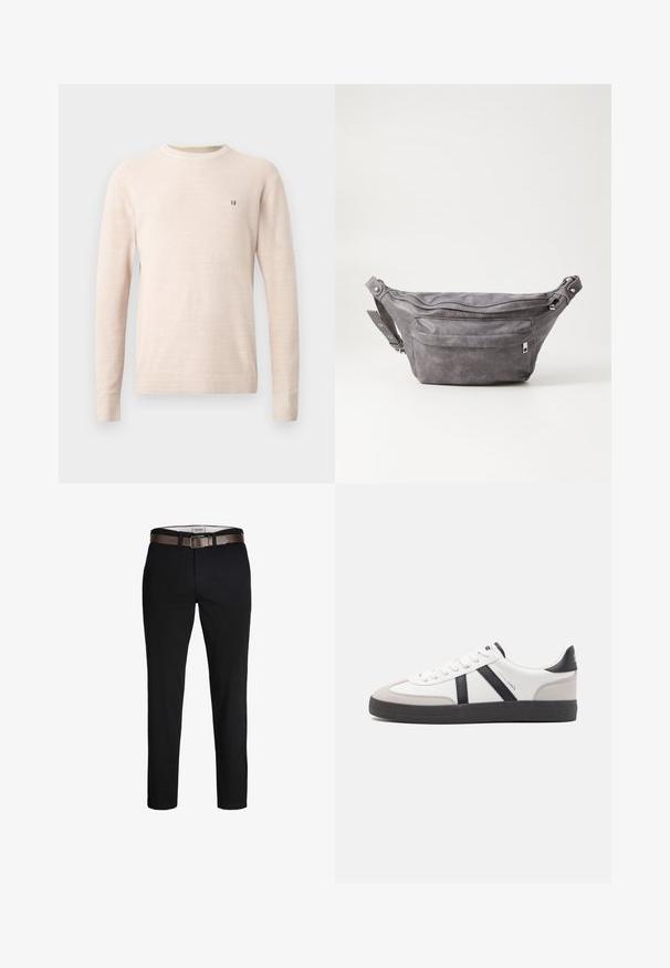 Beige long-sleeve knit sweater with crew neck and small brown embroidered logo on left chest, displayed on a plain background.; Black cotton trousers with a straight fit, featuring a brown leather belt and a smooth texture. Simple design, no visible patterns or accents.; White sneaker with black and gray accents, featuring a textured gray toe cap, black rubber sole, and flat white laces. Clean design, minimalist style.; Gray suede fanny pack with a rounded shape, two zippered compartments, and adjustable strap. Features metal hardware accents.