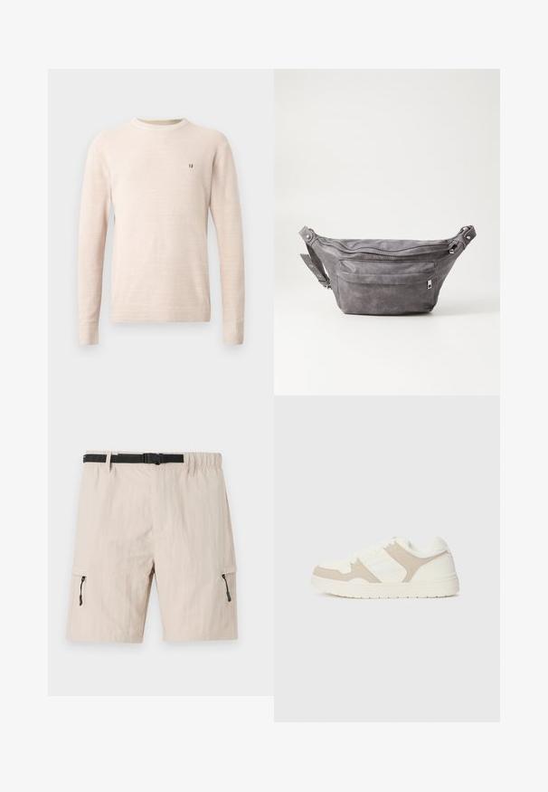 Beige pletený sveter s dlhým rukávom, s okrúhlym výstrihom a malým hnedým vyšívaným logom na ľavej hrudi, zobrazený na jednoduchom pozadí.; Bežové cargo šortky s elastickým pásom, nastaviteľným čiernym opaskom a bočnými vreckami na zips. Vyrobené z ľahkého materiálu s jemnou textúrou.; Biele a béžové tenisky s kombináciou hladkej a semišovej textúry, okrúhlym špičkou, šnurovaním a plochou gumovou podrážkou.; Sivá semišová ľadvinka s okrúhlym tvarom, dvoma zipsovými priehradkami a nastaviteľným popruhom. Obsahuje kovové prvky.