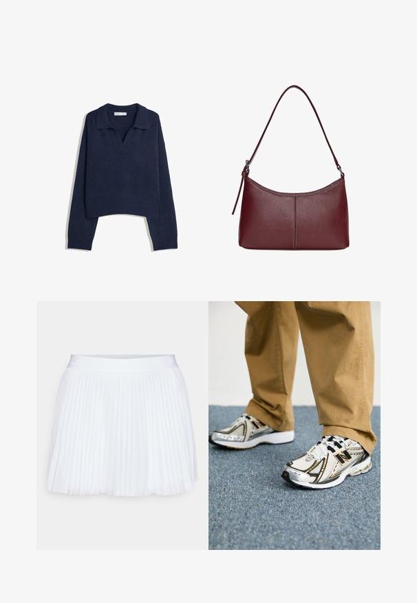 Tengerészkék kötött, hosszú ujjú pulóver bordázott aljjal és mandzsettával, valamint nyitott gallérral.; Fehér pliszírozott szoknya sima derékkal. Könnyű anyagból készült, és egységes pliszírozott mintázata van az egész felületen.; Fehér és ezüst New Balance sportcipők fekete részletekkel és fűzőkkel, hálós felsőrésszel, párnázott talppal és dinamikus designnal.; Bordó bőr kézitáska ívelt formával, egyetlen vállpánttal és varrott díszítéssel a középen. Simás textúra, minimális fémalkatrészek.
