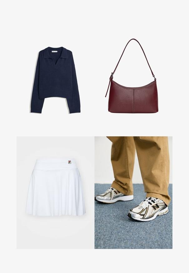Tengerészkék kötött, hosszú ujjú pulóver bordázott aljjal és mandzsettával, valamint nyitott gallérral.; Fehér tenisz szoknya rugalmas anyagból, sima derékkal és diszkrét redőkkel, a bal felső sarokban egy kis logós címkével.; Fehér és ezüst New Balance sportcipők fekete részletekkel és fűzőkkel, hálós felsőrésszel, párnázott talppal és dinamikus designnal.; Bordó bőr kézitáska ívelt formával, egyetlen vállpánttal és varrott díszítéssel a középen. Simás textúra, minimális fémalkatrészek.