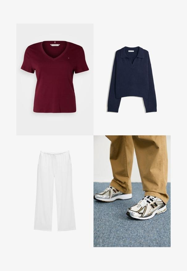 Marineblauer Strickpullover mit langen Ärmeln, geribbtem Saum und Bündchen sowie einem offenen Kragen.; Tommy Hilfiger Curve SLIM CODY - T-Shirt basic - deep rouge; Weiße weit geschnittene Hosen aus weichem Stoff, mit einem elastischen Bund und einem Kordelzug sowie zwei seitlichen Taschen. Einfaches und klares Design.; Weiße und silberne New Balance Sneaker mit schwarzen Akzenten und Schnürsenkeln, ausgestattet mit einem Mesh-Obermaterial, gepolsterten Sohlen und dynamischem Design.
