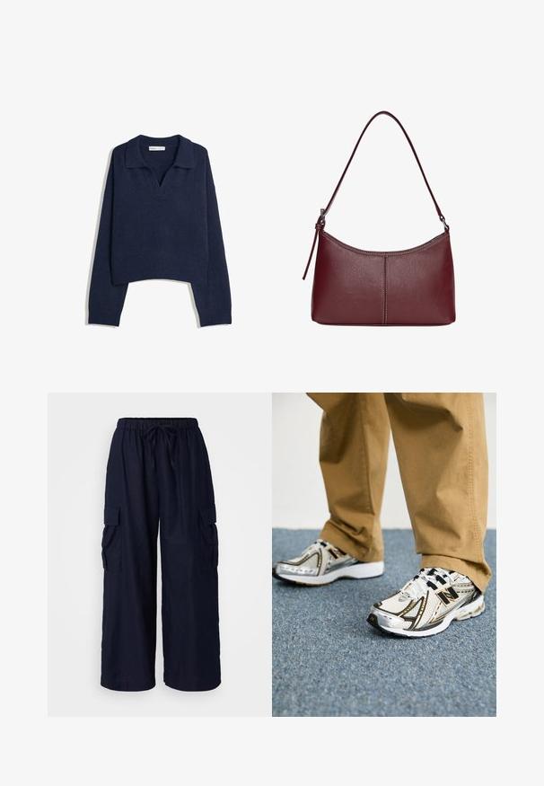 Tummansininen neulepusero, jossa on pitkät hihat, ribbireunat ja avokolarikaulus.; Laivastonsiniset cargo-housut, joissa on rento leikkaus, elastinen vyötärö kiristysnyörillä ja kaksi sivutaskua. Valmistettu kevyestä kankaasta.; Valkoiset ja hopeiset New Balance -lenkkarit, joissa on mustat yksityiskohdat ja nauhat, verkkomateriaali yläosassa, pehmeä pohja ja dynaaminen muotoilu.; Maroon-värinen nahkalaukku, jossa on kaareva muoto, yksi olkahihna ja keskellä ommeltu yksityiskohta. Sileä pinta, minimaalinen varustelu.