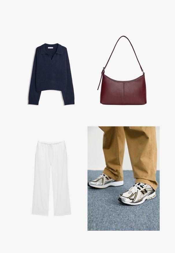 Navy blue knit long-sleeve sweater with a ribbed hem and cuffs, and an open collar neckline.; White wide-leg pants made from soft fabric, featuring an elastic waistband with a drawstring and two side pockets. Simple and clean design.; White and silver New Balance sneakers with black accents and laces, featuring a mesh upper, cushioned sole, and dynamic design.; Maroon leather handbag with a curved shape, a single shoulder strap, and stitched detailing at the center. Smooth texture, minimal hardware.