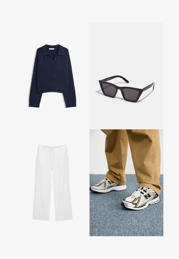 Námořnická modrá pletená dlouhá svetr s ribovanými lemy a manžetami a otevřeným límcem.; Bílé kalhoty s širokými nohavicemi vyrobené z měkké tkaniny, které mají elastický pas se šňůrkou a dvě boční kapsy. Jednoduchý a čistý design.; Bílé a stříbrné tenisky New Balance s černými akcenty a tkaničkami, s prodyšným svrškem, polstrovanou podrážkou a dynamickým designem.; Černé, ostré sluneční brýle s šedými skly; vyrobené z plastu, s mohutnými rameny a hladkým povrchem bez viditelného hardwaru.