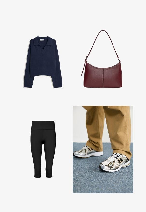 Navyblauwe gebreide trui met lange mouwen, geribbelde zoom en manchetten, en een open kraag.; Zwarte leggings tot de kuit met een glad, rekbaar materiaal. Heeft een brede tailleband en platte naden voor comfort en flexibiliteit.; Witte en zilveren New Balance sneakers met zwarte accenten en veters, voorzien van een bovenwerk van mesh, een gevoerde zool en een dynamisch ontwerp.; Bordeaux lederen handtas met een gebogen vorm, een enkele schouderriem en gestikte details in het midden. Glad textuur, minimale hardware.