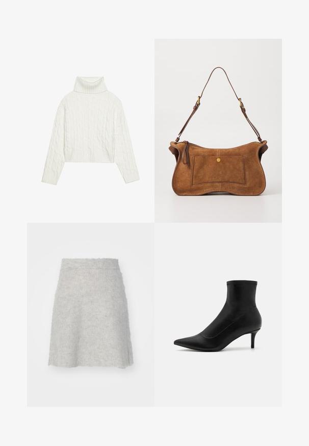 Maglione bianco a collo alto con lavorazione a trecce, caratterizzato da una silhouette cropped e bordi a coste. Texture morbida con un design accogliente e voluminoso.; Gonna a maglia grigia chiara realizzata in morbido materiale, con una forma svasata e una finitura leggermente texture, dotata di vita elastica.; Stivaletti neri in pelle liscia con punta affusolata e tacco corto e sottile. Presentano un design senza cuciture e sottili dettagli di cucitura.; Dolce Vita JOSIE - Borsa a mano - pecan; Orecchini color oro con una forma liscia e arrotondata, caratterizzati da una superficie riflettente e una chiusura a perno per un indossamento sicuro.
