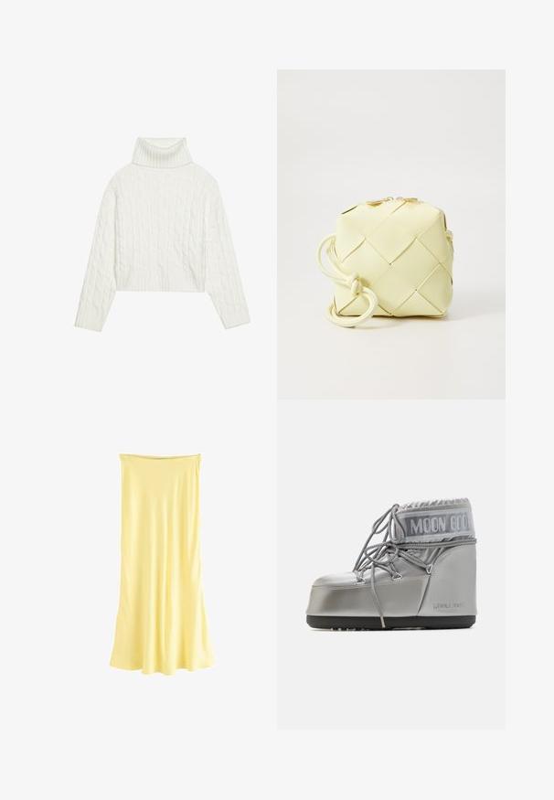 Biały sweter z golfem o splocie warkoczowym, o skróconym kroju, z prążkowanymi mankietami i dolnym wykończeniem. Miękka faktura z przytulnym, grubym wzorem.; Żółta satynowa sukienka maxi o zwiewnym kroju. Posiada zebrany dekolt i gładką fakturę, zaprojektowana z myślą o komfortowym noszeniu.; Srebrny wodoodporny but o zaokrąglonym kształcie, teksturowanym wykończeniu i szarych sznurówkach. Posiada wyraźne logo "MOON BOOT" na górnej części.; Żółta, pleciona torebka o kwadratowym wzorze, z gładką teksturą, dekoracyjnym, węzłowym uchwytem i złotymi elementami.