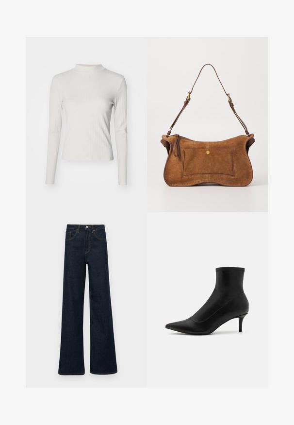 Weißer, kabelgezopfter Rollkragenpullover mit kurzem Schnitt, der gerippte Bündchen und Saum aufweist. Weiche Textur mit einem gemütlichen, dicken Design.; Langärmliges, hellgraues, geripptes Oberteil mit hohem Kragen. Verfügt über eine enganliegende Silhouette und weiche Textur. Keine sichtbaren Muster oder Beschläge.; Dunkelblaue weit geschnittene Jeans aus Denim mit Fronttaschen, Gürtelschlaufen und Knopfverschluss.; Schwarze Knöchelstiefel aus glattem Leder mit einer spitzen Zehe und einem kurzen, dünnen Absatz. Sie zeichnen sich durch ein nahtloses Design und subtile Steppnähte aus.; Dolce Vita JOSIE - Handtasche - pecan; Goldfarbene Ohrringe mit einer glatten, runden Form, die eine reflektierende Oberfläche und einen Steckverschluss für sicheren Halt aufweisen.