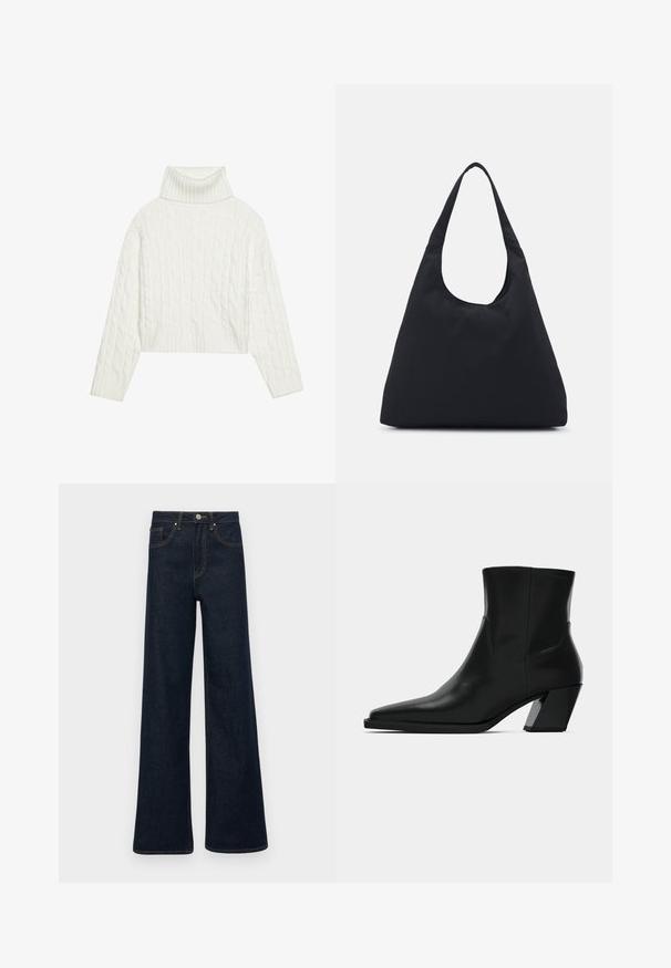 Pulover alb cu guler înalt din tricot cu cabluri, având o siluetă scurtă, cu manșete și tiv din tricot cu nervuri. Textură moale, cu un design confortabil și voluminos.; Jeans din denim de culoare albastru închis, cu picioare largi, buzunare frontale, bucle pentru curea și închidere cu nasture.; Cizma neagră din piele, până la gleznă, cu vârf ascuțit, o siluetă elegantă și un toc pătrat gros. Textură netedă cu detalii de cusătură minime.; Geantă din material textil negru, cu o bandă lată pentru umăr. Formă moale, semi-structurată și textură netedă; design minimalist, fără accesorii vizibile.