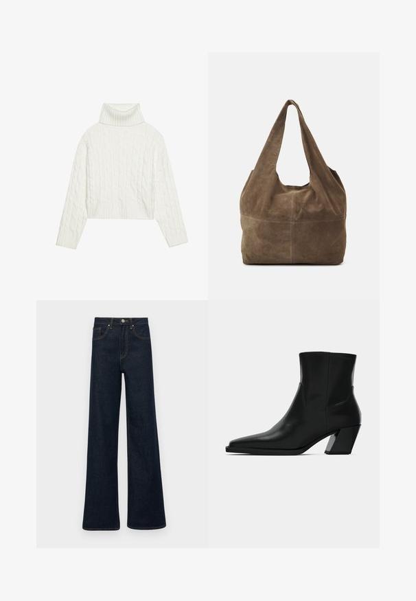 Balta adīta turtleneka džemperis ar īsu siluetu, ar ribotām piedurknēm un apakšmalu. Mīksta tekstūra ar ērti, masīvu dizainu.; Tumši zilie plats kāju džinsi ar priekšējām kabatām, jostas cilpiņām un pogu aizdari.; Melnas ādas potītes zābaki ar norādītu pirkstu, elegantu siluetu un masīlu kvadrātveida papēdi. Gluda tekstūra ar minimālām šuvju detaļām.; Brūna zamšāda hobo soma ar vienu plecu siksnu, maigu tekstūru un noapaļotu formu. Iespējama šuve vidū papildu detaļai.