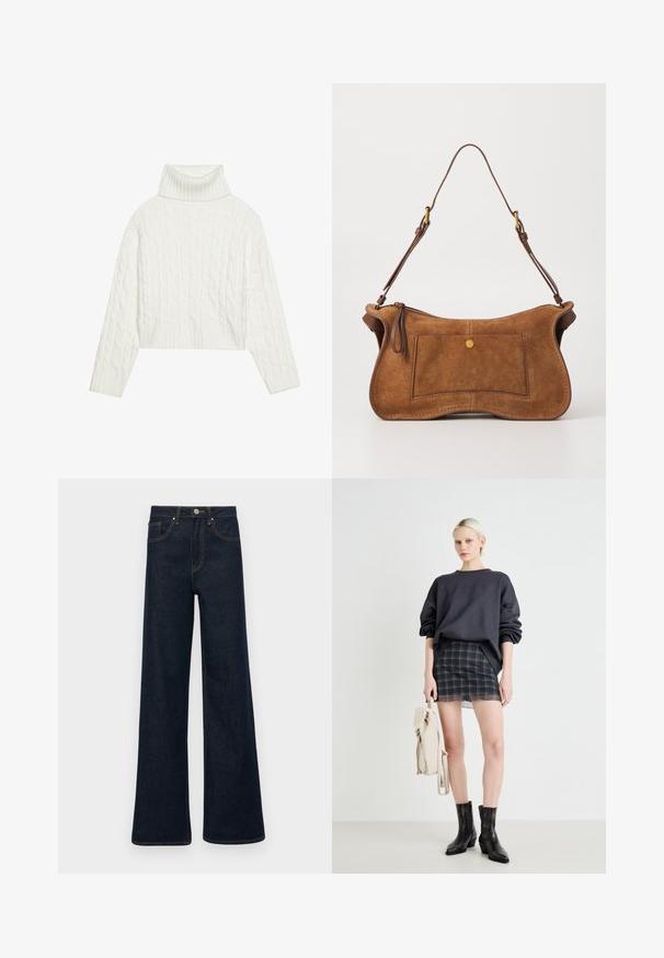 Biały sweter z golfem o splocie warkoczowym, o skróconym kroju, z prążkowanymi mankietami i dolnym wykończeniem. Miękka faktura z przytulnym, grubym wzorem.; Ciemnoniebieskie dżinsy typu wide-leg z przednimi kieszeniami, szlufkami na pasek i zapięciem na guziki.; Overwymiarowy ciemnoszary sweatshirt, mini spódnica w kratę z falbaniastym dołem, czarne botki za kostkę i trzymająca jasny plecak.; Dolce Vita JOSIE brązowy; Złote kolczyki o gładkim, zaokrąglonym kształcie, z błyszczącą powierzchnią i zapięciu na sztyft, zapewniającym bezpieczne noszenie.