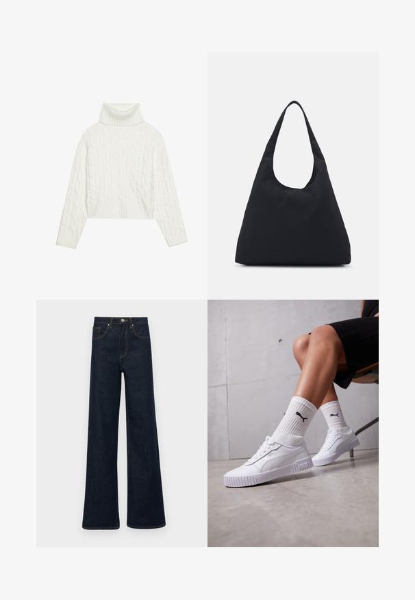 Bílý svetr s vysokým límcem a pleteným vzorem, s kratší siluetou, obsahující vroubkované manžety a lem. Měkká textura s útulným, robustním designem.; Tmavě modré džínové kalhoty s širokými nohavicemi, předními kapsami, poutky na opasek a zapínáním na knoflík.; Bílé tenisky s hladkým syntetickým svrškem, strukturovanou podrážkou a texturovanými detaily. Nosené s bílými žebrovanými ponožkami obsahujícími malé logo.; Černá textilní taška s jedním širokým ramenním popruhem. Měkký, polosunkční tvar a hladký povrch; minimalistický design, bez viditelného kovového hardware.