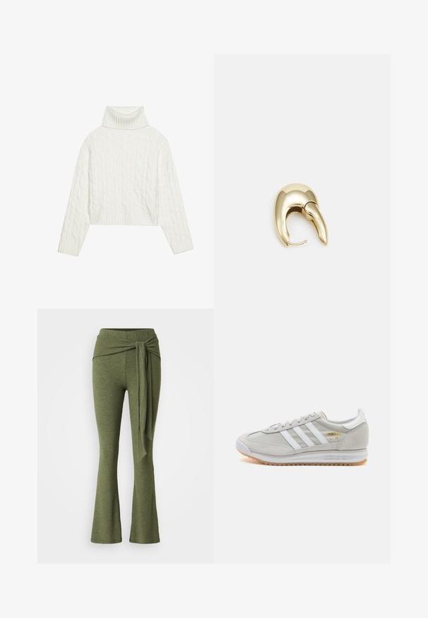 Hvit kabelstrikket høyhalset genser med en cropped silhuett, med ribbestrikkede mansjetter og kant. Myk tekstur med et koselig, chunky design.; Olivenfargede bukser i et mykt stoff med design med utsvingte ben. Har en særpreget knutedetalj i høy midje.; Lys grå sneaker laget av semsket skinn og mesh, med tre hvite striper, rund tå og såle av gummi. Gull logo-aksent nær snørebåndene.; Gullfarget metalløredobber med et elegant, buet design. Har en karakteristisk spiss form, polert overflate og hengsel-lukking.