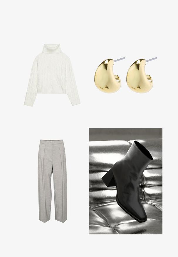 Biely sveter s vysokým golierom a pleteným vzorom, ktorý má skrátený strih. Ribbed manžety a spodný lem. Mäkká textúra s útulným a robustným dizajnom.; Svetlošedé nohavice s širokými nohavicami a hladkým povrchom, s dvoma prednými skladmi, pásom a rovnými nohavicami.; Čierne členkové topánky vyrobené z lesklého materiálu so štvorcovou špičkou a zúženým podpätkom, na lesklom striebornom podklade s vystuženým vzorom.; Zlaté náušnice s hladkým, zaobleným tvarom, ktoré majú odrazivý povrch a sú vybavené zapínaním na kolík pre bezpečné nosenie.
