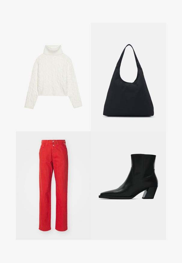 Bílý svetr s vysokým límcem a pleteným vzorem, s kratší siluetou, obsahující vroubkované manžety a lem. Měkká textura s útulným, robustním designem.; Červené denimové kalhoty se rovnými nohavicemi, vysokým pasem, knoflíkovým zapínáním a pěti kapsami. Materiál má hladkou strukturu bez viditelných vzorů.; Černá kožená kotníková bota s špičatou špičkou, elegantním siluetou a robustním čtvercovým podpatkem. Hladká textura s minimem švů.; Černá textilní taška s jedním širokým ramenním popruhem. Měkký, polosunkční tvar a hladký povrch; minimalistický design, bez viditelného kovového hardware.