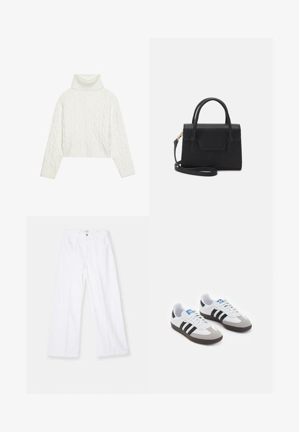 White cable-knit turtleneck sweater with a cropped silhouette, featuring ribbed cuffs and hem. Soft texture with a cozy, chunky design.; FRAME BAGGY PALAZZO - Wide Leg - white; Sport shoes with a white leather upper, gray suede toe, and three black stripes. Features a blue logo on the tongue and a textured rubber sole.; Black structured handbag made of leather with a top handle, detachable shoulder strap, and a front flap detail. Gold hardware accents.