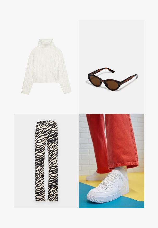 Bela jopica s kabelskim pletenjem in turtleneck ovratnikom, ki ima skrajšan kroj, z rebrastimi manšetami in robom. Mehka tekstura z udobnim, masivnim oblikovanjem.; Noisy May NMDESTINY FLARED PANTS - Hlače - black; Beli usnjeni športni čevlji s perforiranim prstnim delom, teksturiranim podplatom in belimi vezalkami, v kombinaciji s širokimi rdečimi hlačami in modro-rumeno ozadje.; Rjave mačkaste sončne očala s vintage mačjo obliko in rjavimi lečami. Imajo ukrivljene ročke z rdečimi detajli.