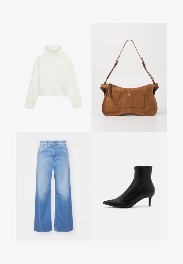 Maglione bianco a collo alto con lavorazione a trecce, caratterizzato da una silhouette cropped e bordi a coste. Texture morbida con un design accogliente e voluminoso.; Jeans in denim blu a gamba larga con finitura sbiadita. Caratterizzati da cinque tasche, chiusura con bottone e passanti per cintura. Il materiale è morbido e resistente.; Stivaletti neri in pelle liscia con punta affusolata e tacco corto e sottile. Presentano un design senza cuciture e sottili dettagli di cucitura.; Dolce Vita JOSIE - Borsa a mano - pecan; Orecchini color oro con una forma liscia e arrotondata, caratterizzati da una superficie riflettente e una chiusura a perno per un indossamento sicuro.