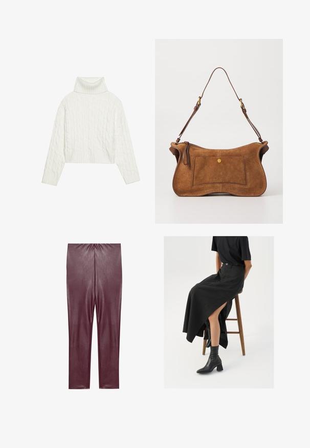 Pull à col roulé en maille blanche, avec une coupe courte, doté de poignets et d'un ourlet côtelés. Texture douce avec un design épais et confortable.; Leggings en simili cuir bordeaux avec une texture lisse, taille haute et design ajusté, descendant jusqu'aux chevilles sans détails supplémentaires.; Jupe maxi en lin noir avec une fente haute, portée avec un t-shirt noir et des bottes de cheville noires. Design minimaliste avec une coupe décontractée.; Dolce Vita JOSIE - Sac à main - pecan; Boucles d'oreilles dorées avec une forme lisse et arrondie, dotées d'une surface réfléchissante et d'un fermoir à tige pour un maintien sécurisé.