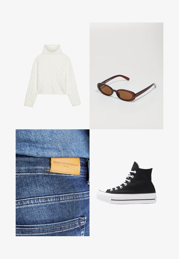 White cable-knit turtleneck sweater with a cropped silhouette, featuring ribbed cuffs and hem. Soft texture with a cozy, chunky design.; Blue denim jeans featuring a brown leather label reading "ONLY CARMKOMA Denim," with visible stitching and a side pocket detail.; High-top black canvas sneaker with white eyelets, laces, and rubber sole. Features a textured toe cap and black and white stripe accents.; Round, brown-tinted sunglasses with a glossy burgundy frame. Slim arms with subtle branding detail. Flat lens design.; Brown leather shoulder bag with a textured finish, curved shape, gold-tone hardware, adjustable strap, and flap closure.