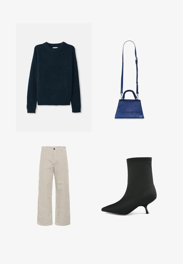 Tumši zils trikotāžas džemperis ar apaļu kakla izgriezumu, garām piedurknēm un ribota piedurkņu galiem. Mīksta tekstūra, viegla konstrukcija un brīva piegriezuma siluets.; Platās kājas bikses gaiši bežā audumā ar vertikālām melnām svītrām. Aprīkotas ar jostu un priekšējo pogu aizdari.; Melni potītes zābaki, izgatavoti no satīna līdzīga materiāla, ar norādītu purngalu un cilindrisku mazo papēdi. Iekļautas šuvju detaļas.; Zila mākslīgā ādas rokassomiņa ar trīsstūrveida formu, augšējo rokturi un regulējamā plecu siksnu. Tam ir gluda tekstūra un priekšējā atloka detaļa.