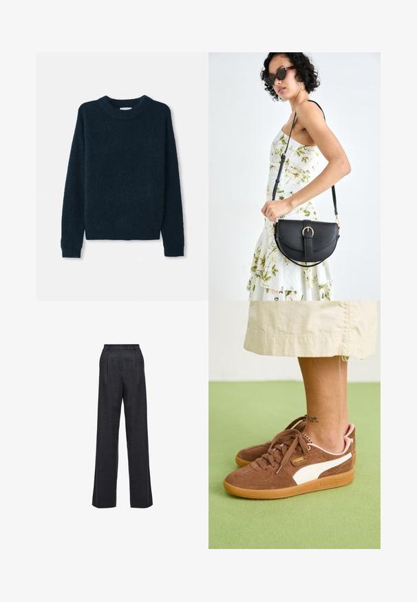 Mørk navy strikket trøje med rund hals, lange ærmer og ribbede manchetter. Blød tekstur, let design og en afslappet pasform.; Viddebenede bukser i mørkegrå stof, der har høj talje, plisseret front og en glat tekstur uden synlige lukninger eller dekorationer.; Brune ruskinds sneakers med hvit detalje, gummisole og lyserød hæl. Snørebånd og branding detaljer synlige. Enktattoo delvist synlig.; Sort læderhåndtaske med en buet form, aftagelig rem og guldfinish. Tasken har en klap med en spænde detalje.
