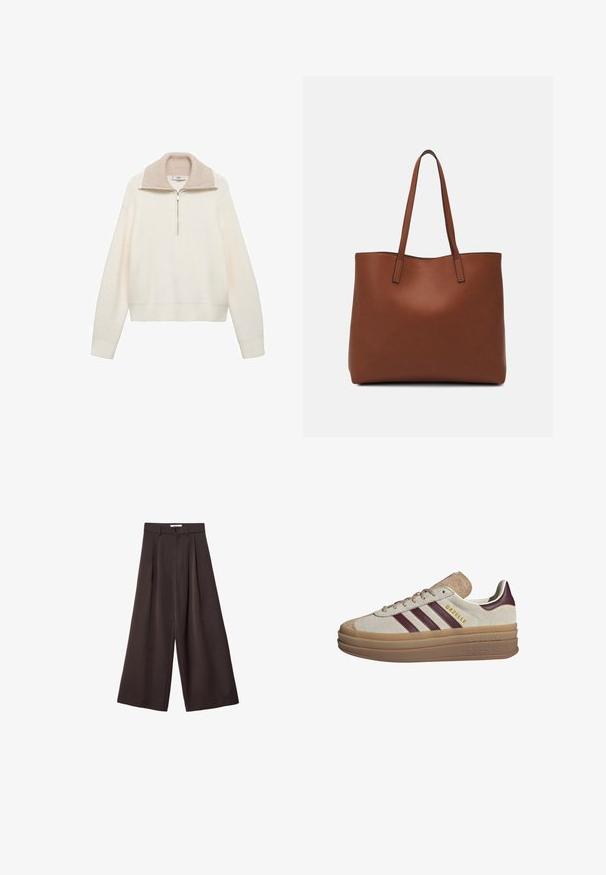 Pulover boje krem s rebrastom teksturom, zatvaranjem na pola patentnog zatvarača i kontrastnim bež ovratnikom. Dugi rukavi i elastična donja ivica.; Crne široke hlače s visokim strukom, s prednjim plisiranjima i kopčanjem na dugme u struku, izrađene od glatkog materijala.; Bež antilop tenisice s maroon prugama, bijelim akcentima, debelim prozirnim potplatom i uzdignutim logotipom s strane. Dizajn sa vezicama.; Smeđa kožna torba preko ramena s glatkom teksturom, otvorenim vrhom i dvjema naramenicama. Ima minimalne šavove i nema vidljivog hardvera.