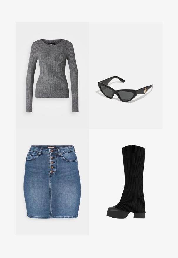 Svetor šedej farby s vrúbkovaním, dlhými rukávmi a výstrihom do véčka. Vyrobený z textúrovanej pleteniny, s priliehavým strihom.; Džínsová sukňa v stredne modrej farbe s priliehavým strihom. Má päť gombíkov na prednej strane, dve predné vrecká a stehovaný lem.; Čierne vysoké čižmy po kolená s ribbed textíliou, robustnou platformou a blokovým podpätkom, s hladkou textúrou a elegantným, moderným dizajnom.; Slnečné okuliare v tvare mačacích očí s matným čiernym plastovým rámom, tmavými sklami a zlatým logom na bočnej strane. Ostrý dizajn a hladká textúra.; Michael Kors zápästná taška v béžovej potiahnutej plátenej tkanine s opakujúcim sa vzorom loga MK, zlatým kovania a odnímateľným reťazovým popruhom.
