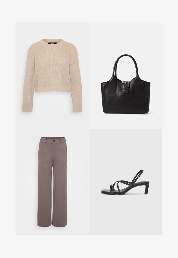 Beige kootud sviiter ümmarguse kaelusega, allapoole langeva õlavarre disainiga ja soonikkoes äärtega. Tekstuuriga kangas ja lühike pikkus.; Laiad püksid sileda, tuhmpruuni kangaga, esi-taskute, nupuga kinnituse ja kohandatud vöökohtadega.; Mustast rihmajalatsid ruudukujulise varba ja madala ploki kontsaga. Omab mitmeid õhukesi rihmasid ja reguleeritavat pahkluu rihma. Valmistatud siledast nahast.; Mustgamma nahast kott, millel on sile tekstuur, struktureeritud kuju, kaks käepidet ja esiküljel silmapaistev hõbedane pandla detail.