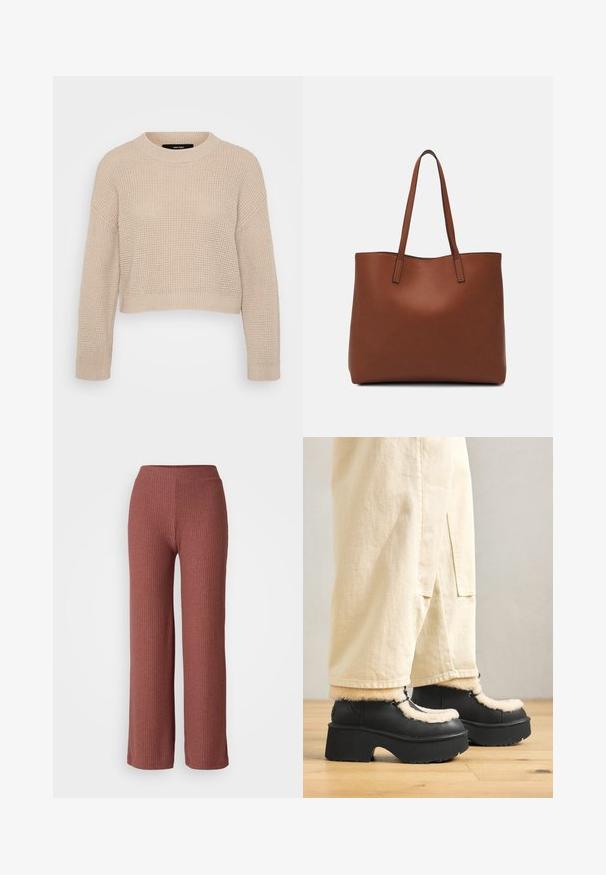 Beige knitted sweater with a round neckline, drop shoulder design, and ribbed hems. Textured fabric and cropped length.; Ribbed wide-leg pants in a dusty rose color with an elastic waistband, featuring a soft texture and straight silhouette.; Black platform boots with a rounded toe, featuring a fluffy cream collar and lace details, paired with loose beige pants on a wooden floor.; Brown leather tote bag with a smooth texture, open top design, and two shoulder straps. Features minimal stitching and no visible hardware.