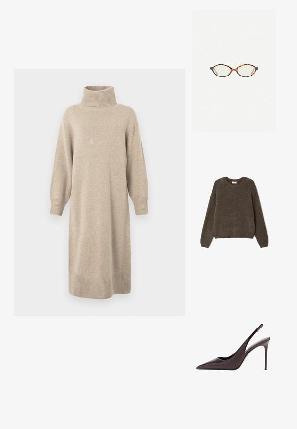 Pull marron et duveteux avec un col rond et des manches longues. Fabriqué à partir d'un matériau doux, il présente une coupe décontractée et un design minimaliste.; Robe col roulé beige en tissu tricoté doux, avec manches trois-quarts et ourlet côtelé. Silhouette simple et droite.; Pompe à talon aiguille en cuir verni bordeaux, à bout pointu et talon stiletto fin. Texture lisse et design minimaliste.; Lunettes en écaille de tortue avec des verres ovales et une finition lisse et élégante. Présente des branches fines avec une courbure subtile au niveau des tempes. Verres transparents.; Foulard triangulaire gris foncé en tissu doux. Présente une texture lisse avec des bords légèrement arrondis et un pli au centre.; Collier en chaîne en argent présentant des maillons ronds interconnectés et un accent en forme de cœur poli au centre. Fermoir sécurisé inclus.