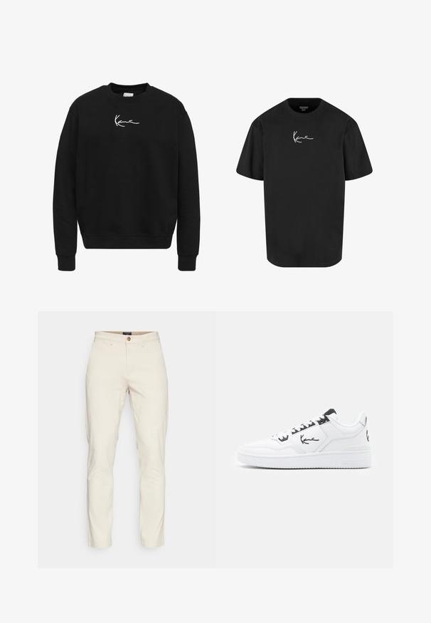 Schwarzes Sweatshirt aus Baumwolle mit Rundhalsausschnitt. Verfügt über ein weißes gesticktes Logo auf der Brust sowie gerippte Bündchen und Saum.; Schwarzes Baumwoll-T-Shirt mit kurzen Ärmeln, Rundhalsausschnitt und einem weißen Signaturlogo, das auf der Vorderseite gedruckt ist. Glatte Textur und lässige Passform.; DOCKERS SMART FLEX MOTION SLIM - Chino - sahara khaki; Weiße Leder Sneaker mit schwarzen Akzenten, versehen mit einem charakteristischen Logo an der Seite, runder Zehenform und strukturiertem Gummisohle.