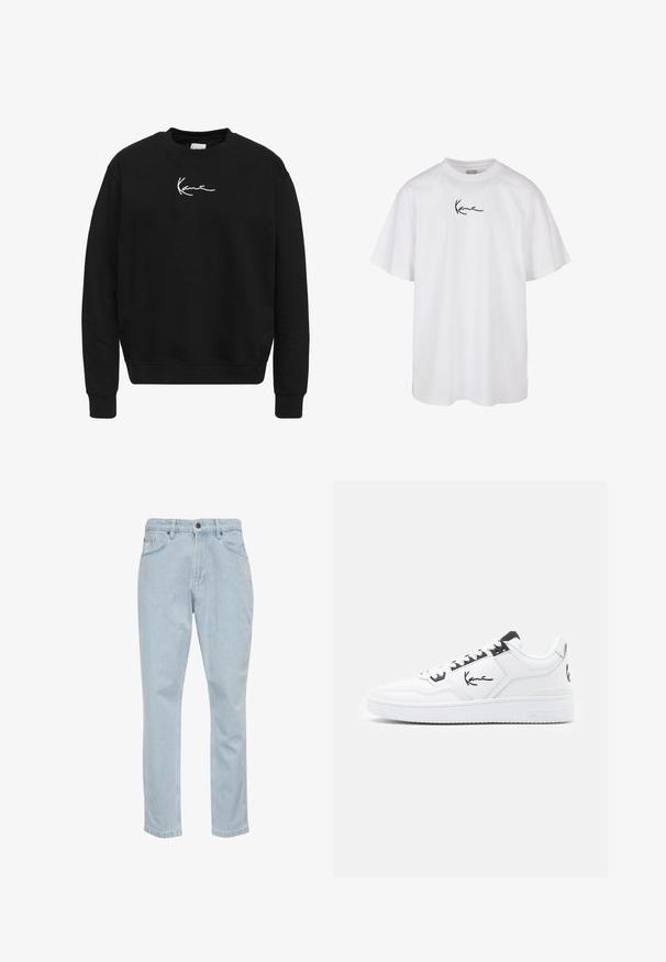 Must olla musta puuvillane dressipluus, millel on ümar kaelus. Sobilik on valge tikandiga logo rinnal ning ribakujulised mansetid ja äär.; Valge puuvillane T-särk, millel on ümar kaelus ja lühikesed varrukad, ning keskel rinna kohal must tikitud logo.; Heledad sinine teksapüksid otse säärega kujundusega, viis taskut ja metallne nööp sulgemiseks. Sile tekstuur ja kerge värvimuutus.; Valge nahkne tennis, millel on mustad aksessuaarsed detailid, koos külje peal asuva allkirjaga logoga, ümmarguse varbaga ja tekstuuriga kummitald.