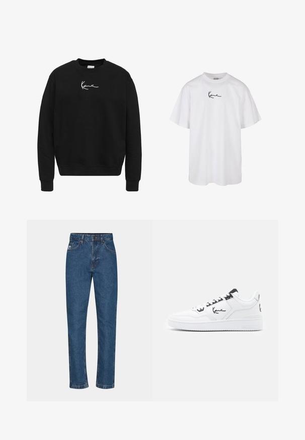 Crna dukserica od pamuka s ravnim izrezom. Ima bijeli izvezeni logo na prsima te rebraste manžete i rub.; Bijela pamučna majica s okruglim izrezom i kratkim rukavima, s crnim izvezenim logotipom centriranim na prsima.; Plave traperice s ravnim nogavicama, prednjim džepovima, petljama za remen i blago izblijedjelim izgledom. Šavovi su vidljivi duž šavova.; Bijele kožne tenisice s crnim detaljima, s potpisom loga sa strane, okruglim vrhom i teksturiranom gumenom potplatom.
